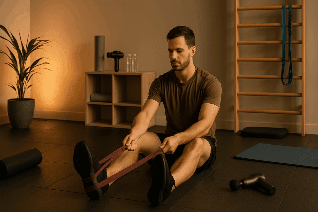 Man using resistance band and massage gun in a calm gym setting during recovery phase of an 8 week weight training program.